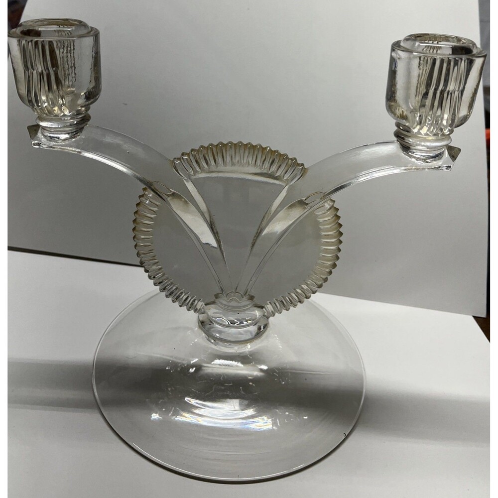 Beautiful Vintage Art Deco Double Candle Holder Heavy Glass